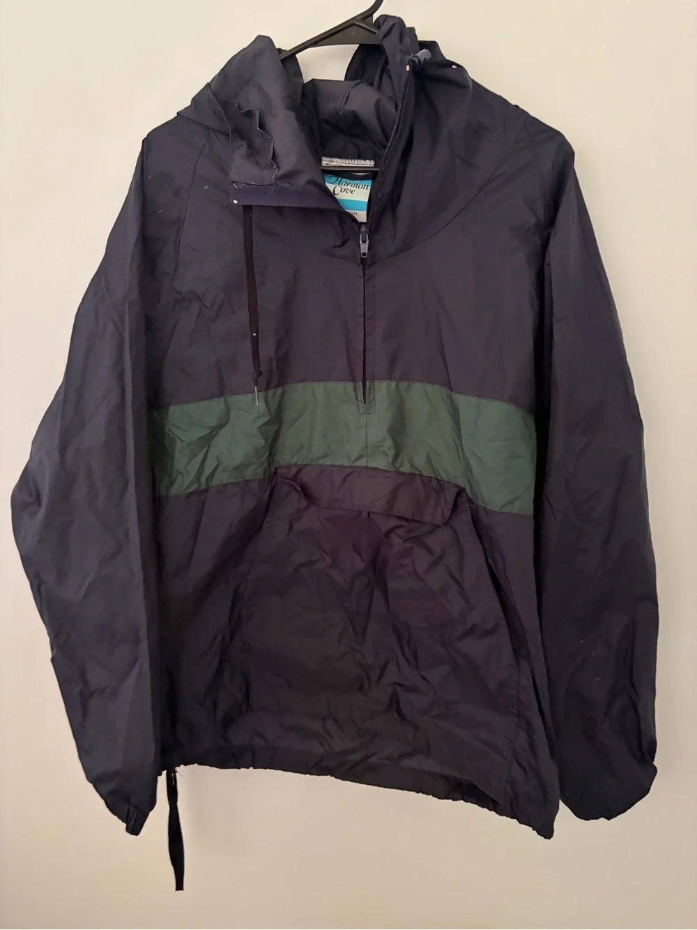 EUC Men's Navy Rain Pullover with Green Chest Stripe